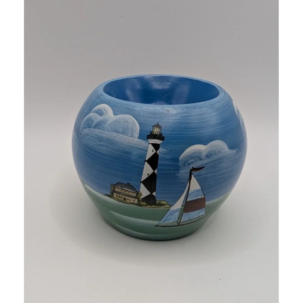 Hand Painted Ceramic Lighthouse Sailboat Round Tealight Candle Holder Bowl Blue